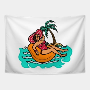 Young female woman in floatie beach summer tropical island Tapestry