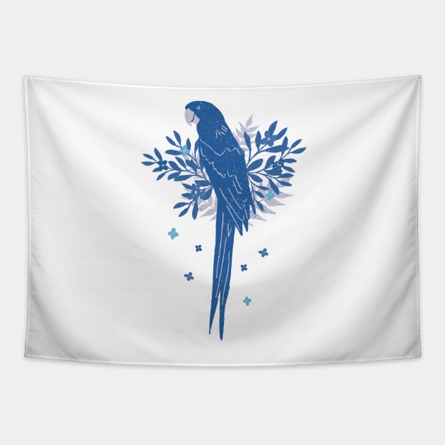 Blue Ara parrot with Tropical Leaves Tapestry by OneLook