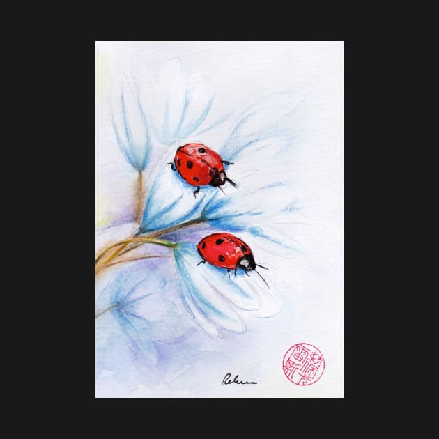 "companions"  ladybugs mixed media painting - watercolor, ink, colored pencil by tranquilwaters