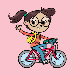 cheerful girl rides a bicycle and waves T-Shirt