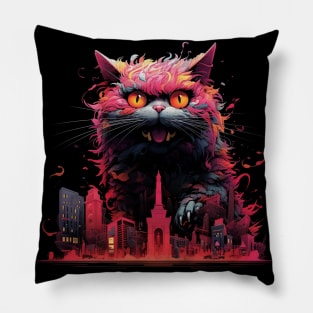 Catzilla Strikes: Pink, Grey, Black & Colorful Retro Comic Art Style Pillow