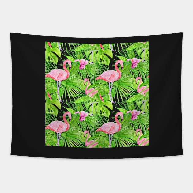 Tropical Pattern of Flamingos and Pink Flowers Tapestry by CeeGunn