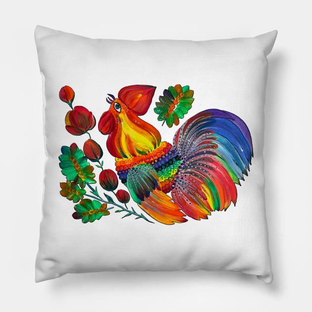 Magic cock. Petrykivka painting. Rainbow rooster Pillow by Motanka