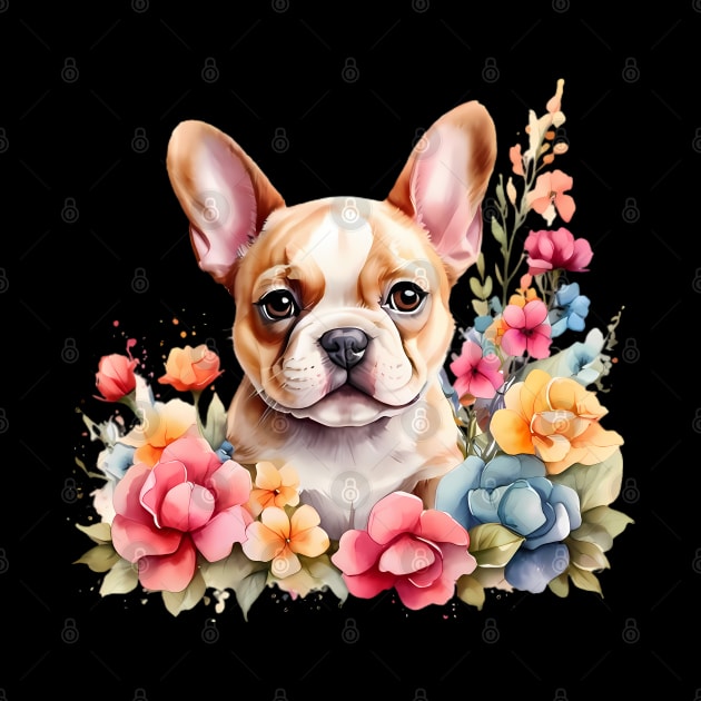 A french bulldog  decorated with beautiful watercolor flowers by CreativeSparkzz