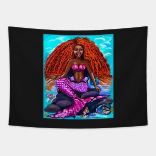 Black mermaid with flowing red locks singing , brown eyes Afro hair and caramel brown skin Tapestry