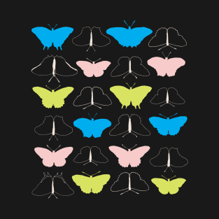 Collection of colorful neon pastel butterflies on black T-Shirt