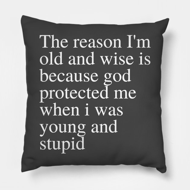 The reason I'm old and wise is because god protected me when i was young and stupid Pillow by YuriArt