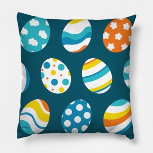 Egg Pattern | Blue Yellow Orange | Stripes Clouds Flowers Dots | Dark Blue Pillow