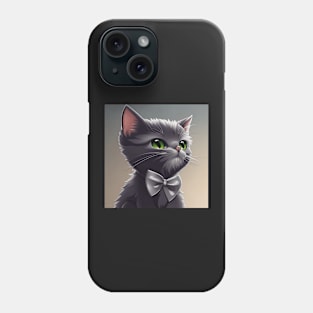 Elegant Grey Cat With a Grey Bow Tie | White and grey cat with green eyes | Digital art Sticker Phone Case