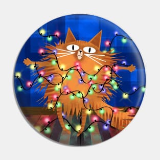 Ginger Cat Entangled by Christmas Tree Lights Pin
