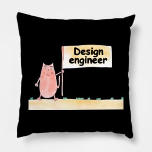 Design engineer. Profession, work, job. Cat shows a banner with the inscription. Watercolor illustration. A gift for a professional. Pillow