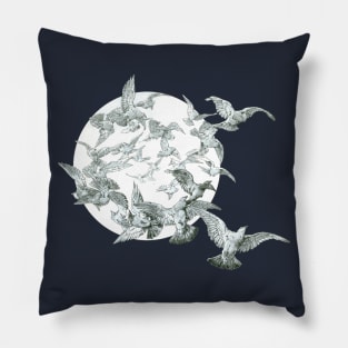 Flock of Birds with Full Moon Pillow