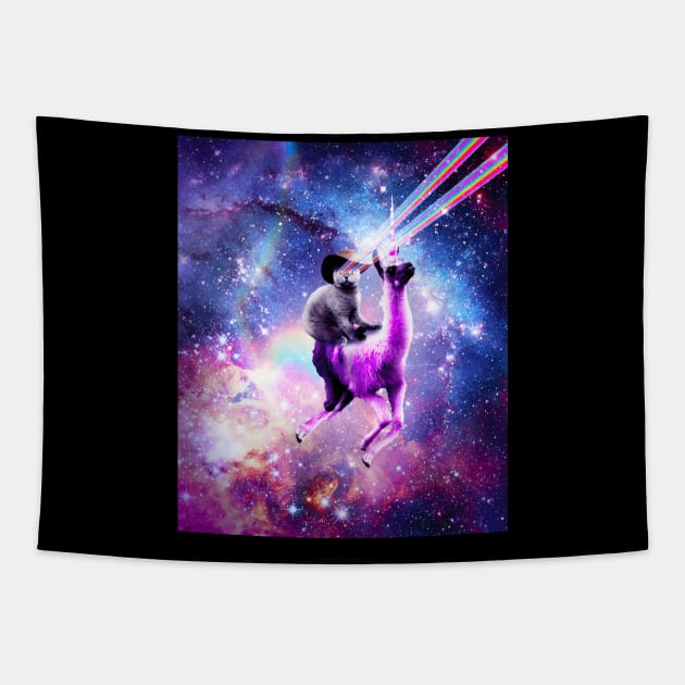 Laser Eyes Outer Space Cat Riding On Llama Unicorn Tapestry by Random Galaxy