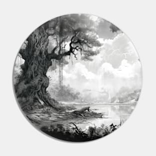 Ancient Tree Landscape Nature Adventure Ink Sketch Style Pin