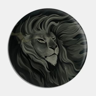 Majestic Lion with Wind-Blown Mane on Black Canvas Pin