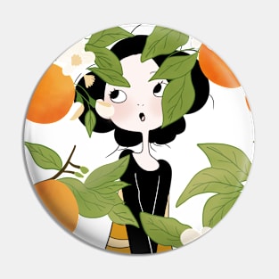 Curious Girl Peeking Through Lush Orange Tree with Blossoms in a Night Setting Pin