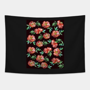 Peonies Flowers Watercolor Ink Cute Girly Red Dark Tapestry