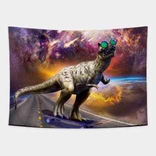 Dinosaur With Sunglasses On Skateboard In Space Tapestry