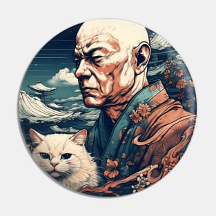 Stoic Monk and Cat Ukiyo-e Synergy Pin