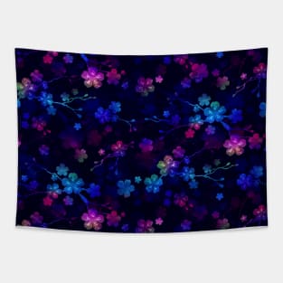 Bright Neon Pink and Blue Cherry Blossom Flowers and Vines Tapestry