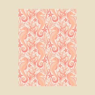 Sweet Seahorses and Starfish Pattern in Peach T-Shirt