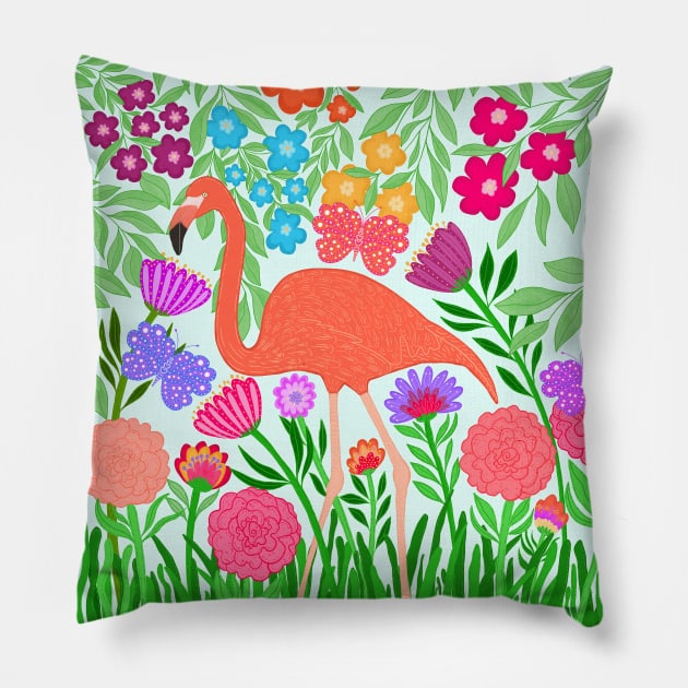 Enchanting Flamingo Butterfly and Flower Design Pillow by Rosemarie Guieb Designs