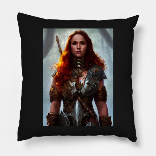 Barbarian red hair woman in full armour Pillow by ai1art