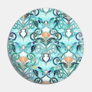 Ocean Aqua Art Nouveau Pattern with Peach Flowers Pin