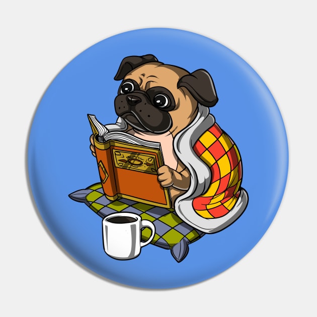 Pug Book Reading Dog Pin by underheaven