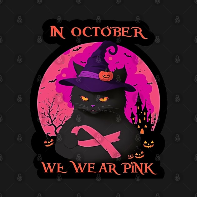 Black Cat In October We Wear Pink Funny Halloween by masterpiecesai