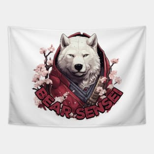 Polar Bear Warrior Sensei in Red Cherry Blossom Flowers Tapestry