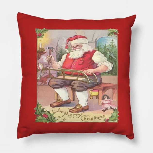 Vintage Merry Christmas Santa Claus Toy Workshop Pillow by taiche