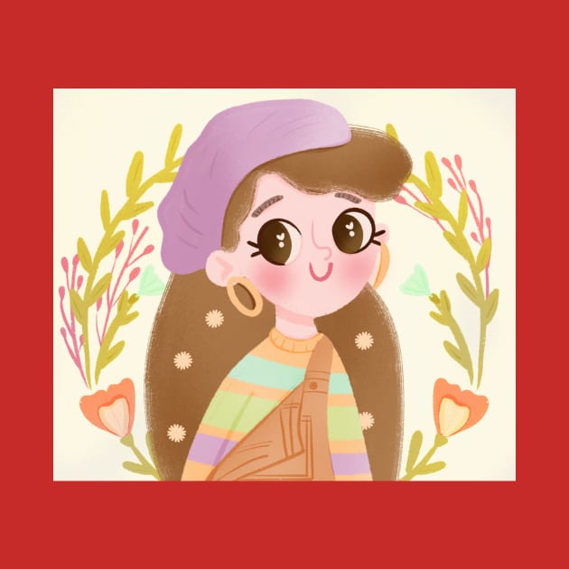 Cute Kawaii Girl in Headscarf and Overalls - Floral Pastel Art by Matisse Studio