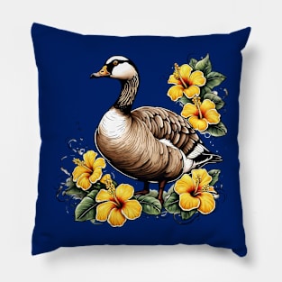 Cute Nene Hawaiian Goose With Yellow Hibiscus Pillow