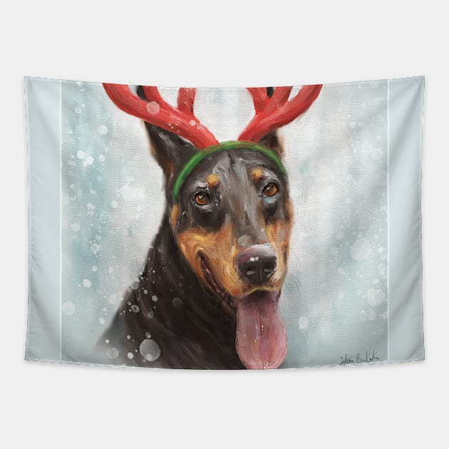 Painting of a Doberman with a Reindeer Headpiece Costume Tapestry by ibadishi