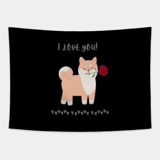 Puppy Dog with a Red Rose, I Love You Tapestry