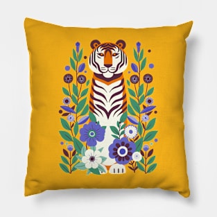 Serene tiger in blooming garden - gold yellow Pillow