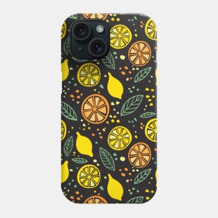 Citrus lemon and orange on black background pattern Phone Case