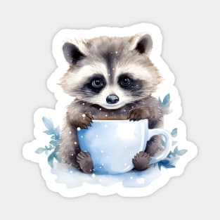 Blue eyes raccoon with a cup of coffee watercolor Magnet