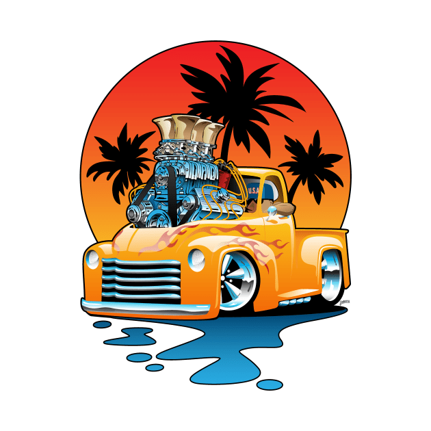 Classic American Hot Rod Pick-up Truck with Sunset Cartoon by hobrath