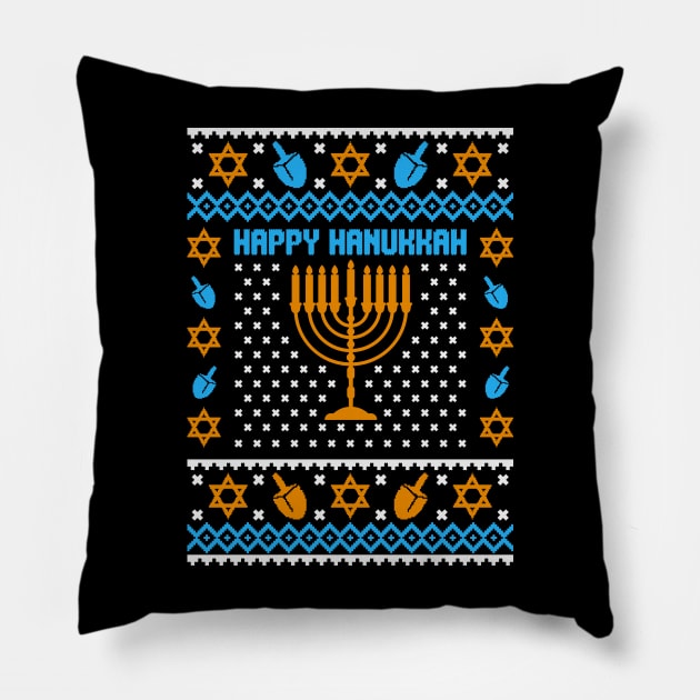 Happy Hanukkah Ugly Christmas Sweater Pillow by Hobbybox