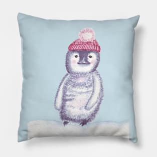 Cute little penguin in a red pompom hat Pillow