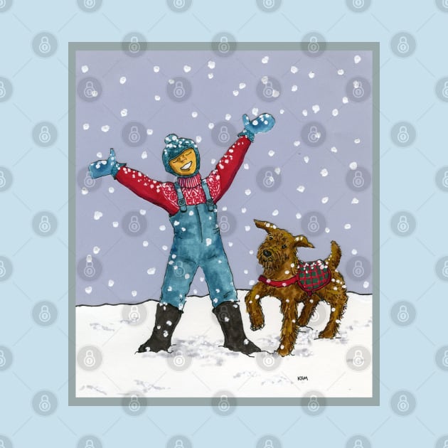 Boy and Dog in Snow by katydidkay