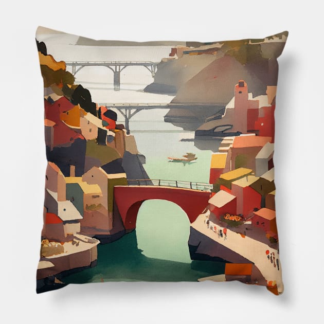 Hongkong Watercolor Bridges Scenary Pillow by jetartdesign