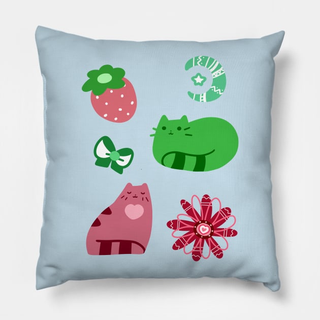 Green and Pink Strawberry Cats Pillow by saradaboru