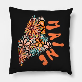 Maine State Design | Artist Designed Illustration Featuring Maine State Outline Filled With Retro Flowers with Retro Hand-Lettering Pillow