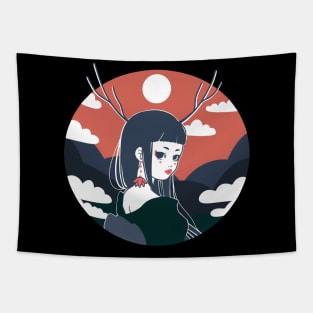Cute Geisha Design ‚Under the Red Moon‘ | Kawaii Gifts | Handmade Illustration | By Atelier Serakara Tapestry