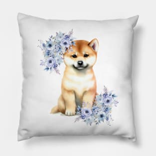 Cute Shiba Inu Dog with Flowers Watercolor Art Pillow