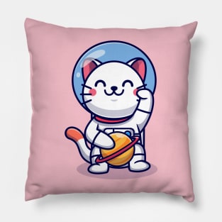 Cute Cat Astronaut With Planet Cartoon Pillow