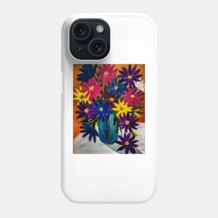 A lovely boutique of abstract vibrant bright colorful  flowers in a tall turquoise glass vase Phone Case